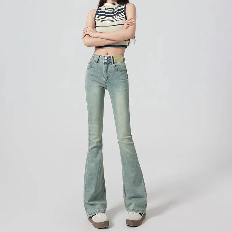 复古蓝高腰微喇牛仔裤女2024夏季新款双扣修身显瘦百搭喇叭马蹄裤