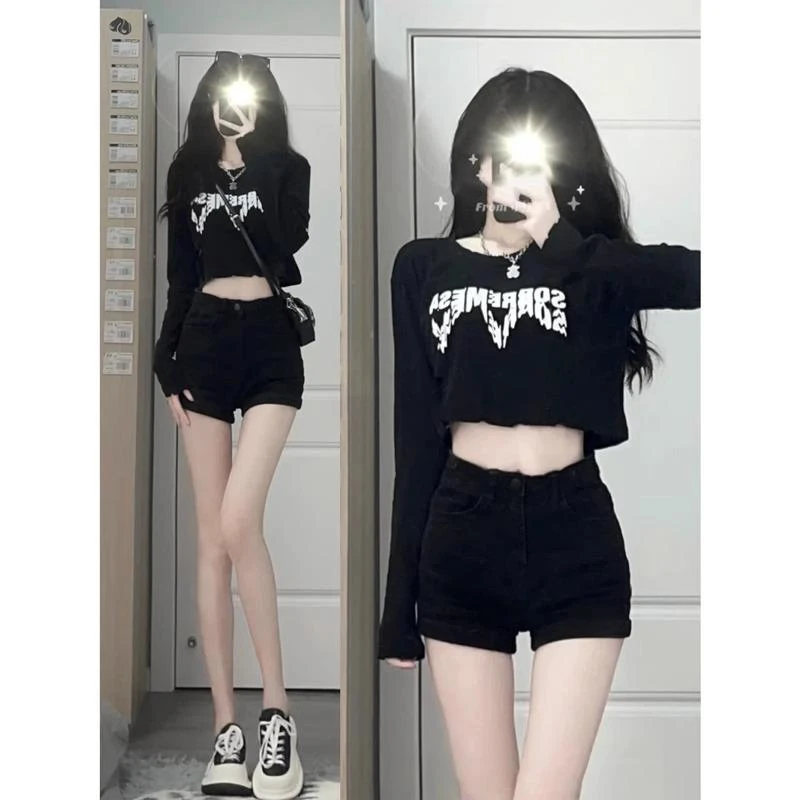 美式辣妹高腰牛仔超短裤女夏季薄款紧身包臀热裤黑色性感直筒裤子