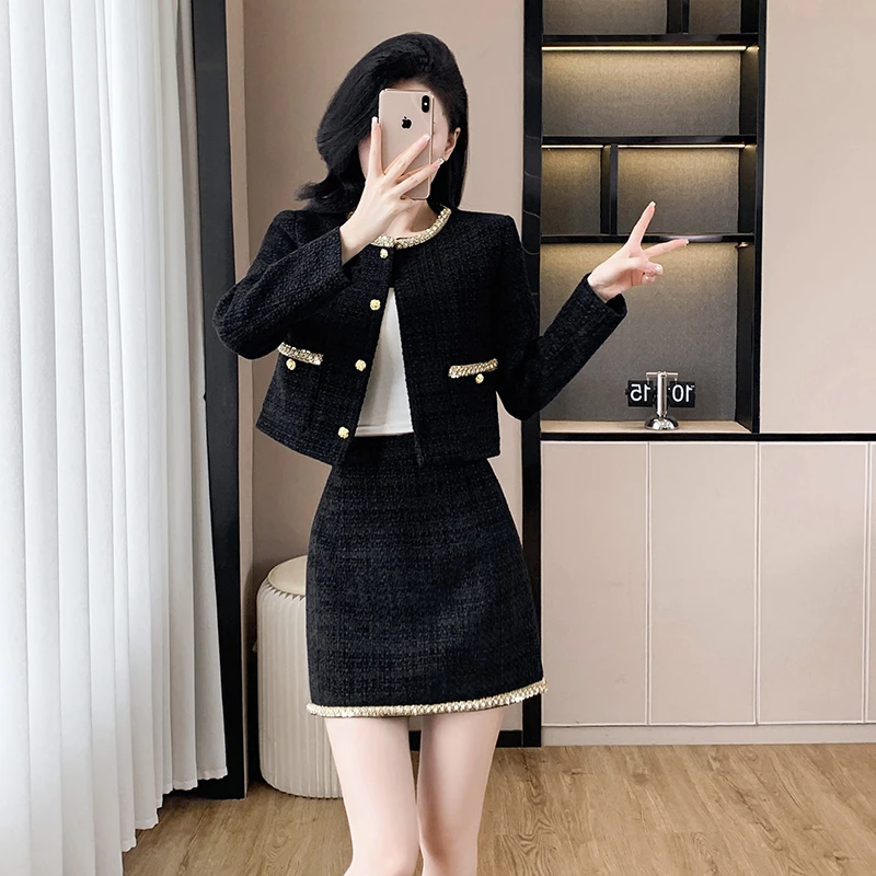 秋冬高级感小个子修身显瘦半身裙套装小香风气质长袖包臀裙两件套