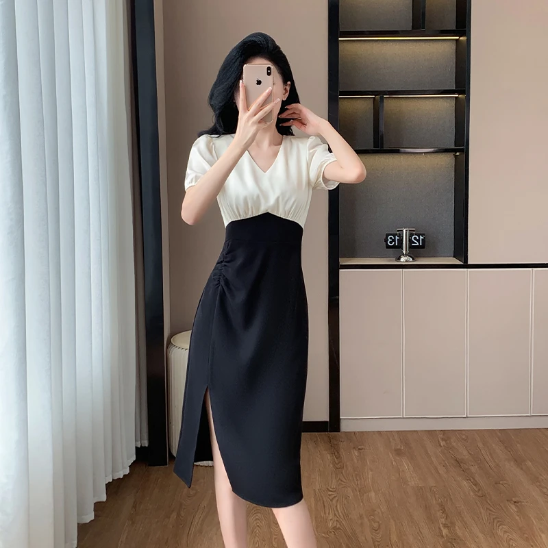 夏季名媛女神范高级感茶歇中长款小黑裙气质拼接开叉法式连衣裙女