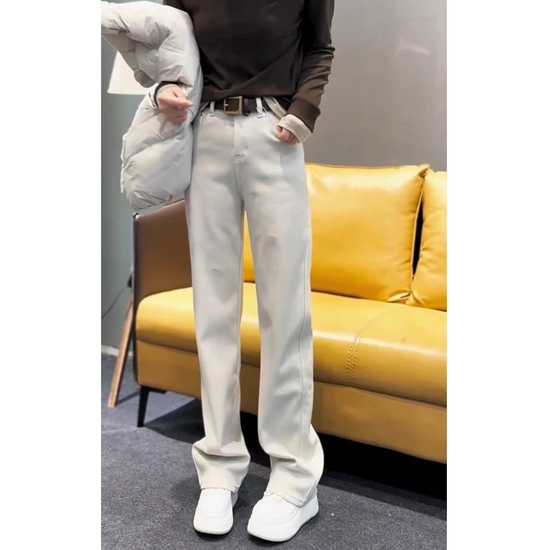 米灰色牛仔裤女2024新款冬季爆款裤子加绒加厚显瘦时尚窄版直筒裤