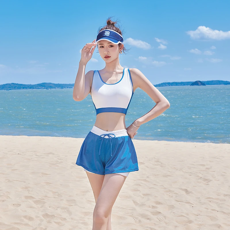 2022新款泳衣女分体平角三件套遮肉显瘦海滩度假温泉游泳馆专用装