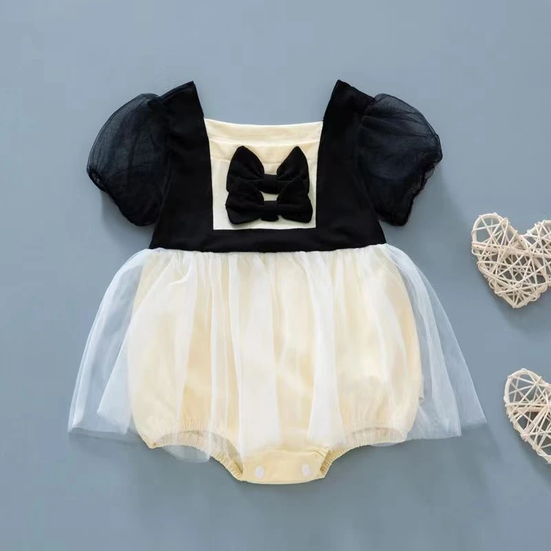 夏季超仙女宝纱布透气泡泡袖网纱包屁衣外出服加发带清新风婴儿