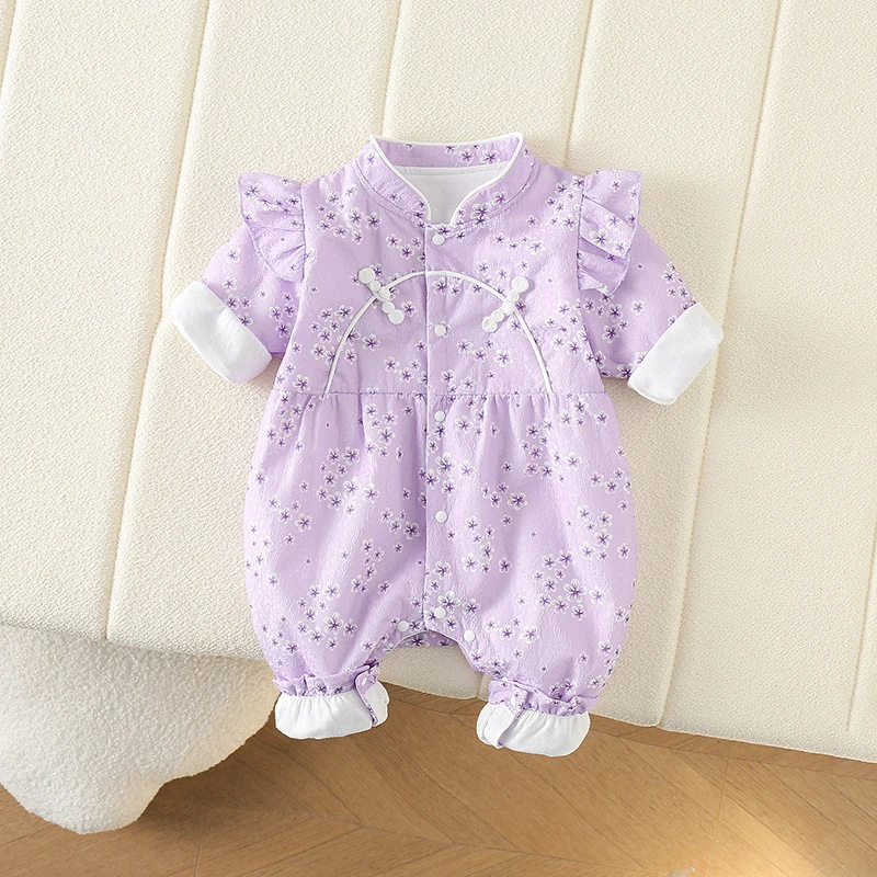 婴儿双层衣服纯棉秋装女宝宝新生哈衣爬服可爱公主春秋洋气连体衣