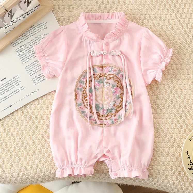 婴儿夏季衣服短袖国风女宝宝薄款满月连体哈衣新生儿百天周岁礼服