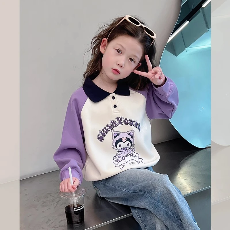 中大童韩版polo领上衣女童洋气宽松卫衣儿童网红炸街2025加绒秋冬