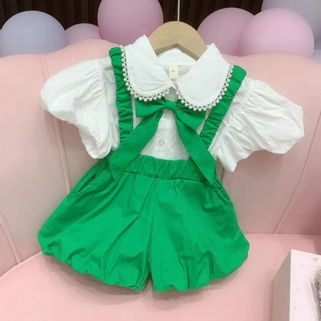 L32款      女童洋气时尚儿童夏季蝴蝶结衬衫+背带裤套装童装短裤