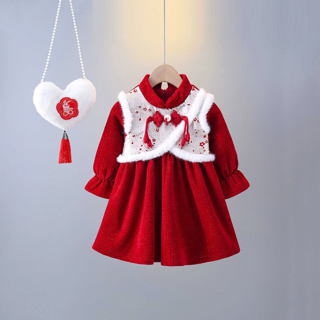 女童冬季中国风红色加绒连衣裙假两件新年拜年服洋气公主裙儿童