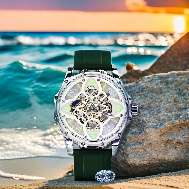 OTM男士四叶草全自动防水夜光镂空底盖高级感机械手表