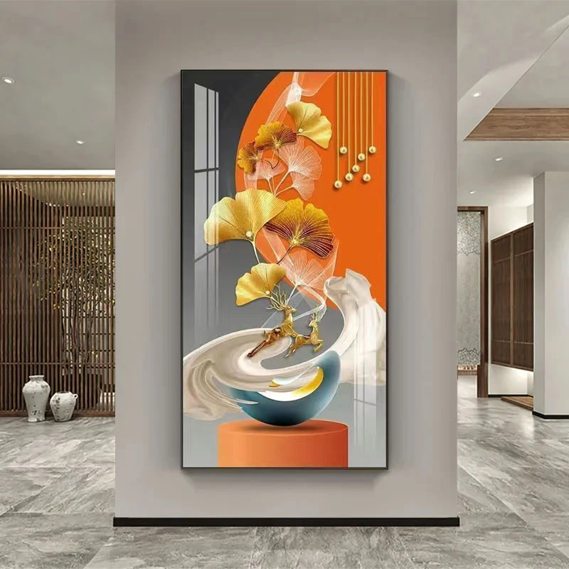 轻奢风玄关装饰画现代简约走廊竖版壁画抽象大气客厅过道麋鹿挂画