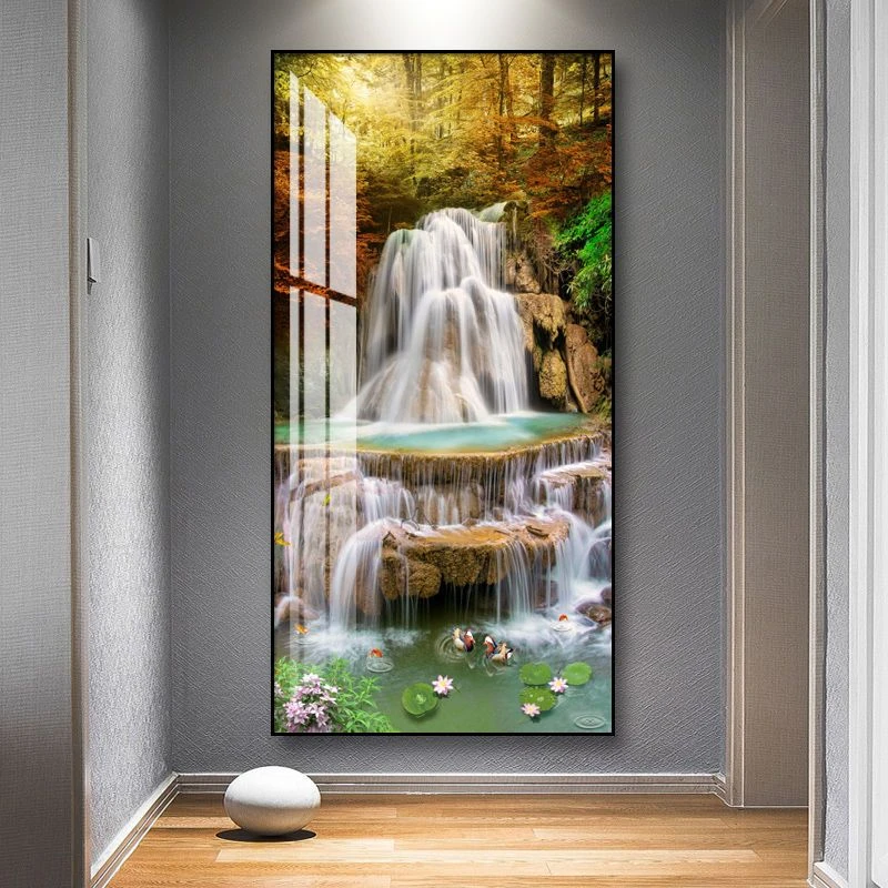 入户玄关简约装饰画寓意好山水风景挂画竖版走廊尽头壁画流水生财