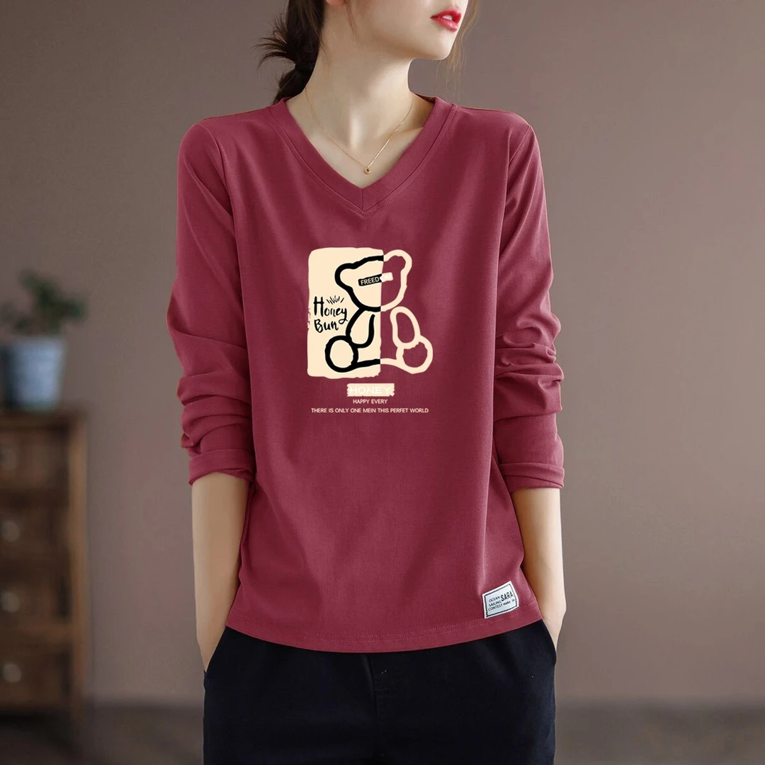【粉丝专享】大码女装T恤印花纯棉V领文艺宽松百搭内搭打底上衣服
