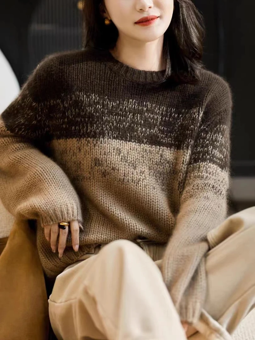 YUNONG卡布奇诺套头时尚高级毛衣针织女提花秋冬拼色慵懒风