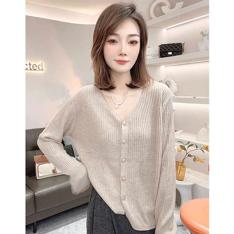 YUNONG春秋百搭设计感新款宽松外穿外套洋气开衫女长袖针织衫