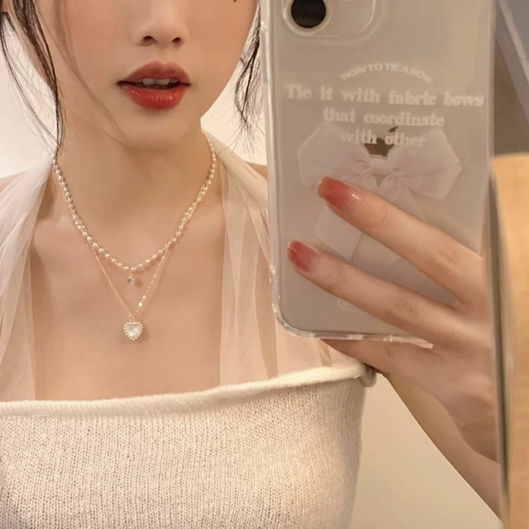 合金项链双层爱心项链轻奢小众项链高级设计感2024新款锁骨链