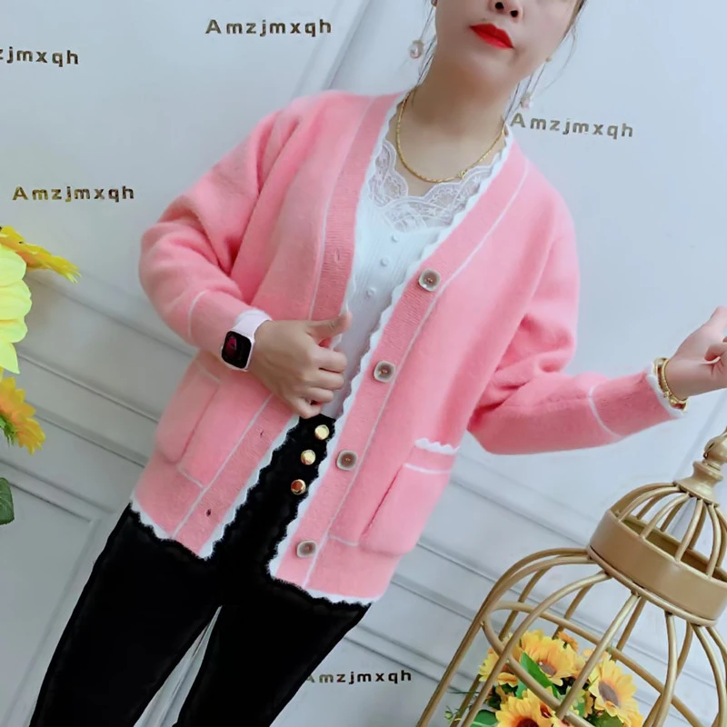 春秋新款长袖针织开衫女小个子宽松流行仿水貂绒毛衣外套时尚上衣