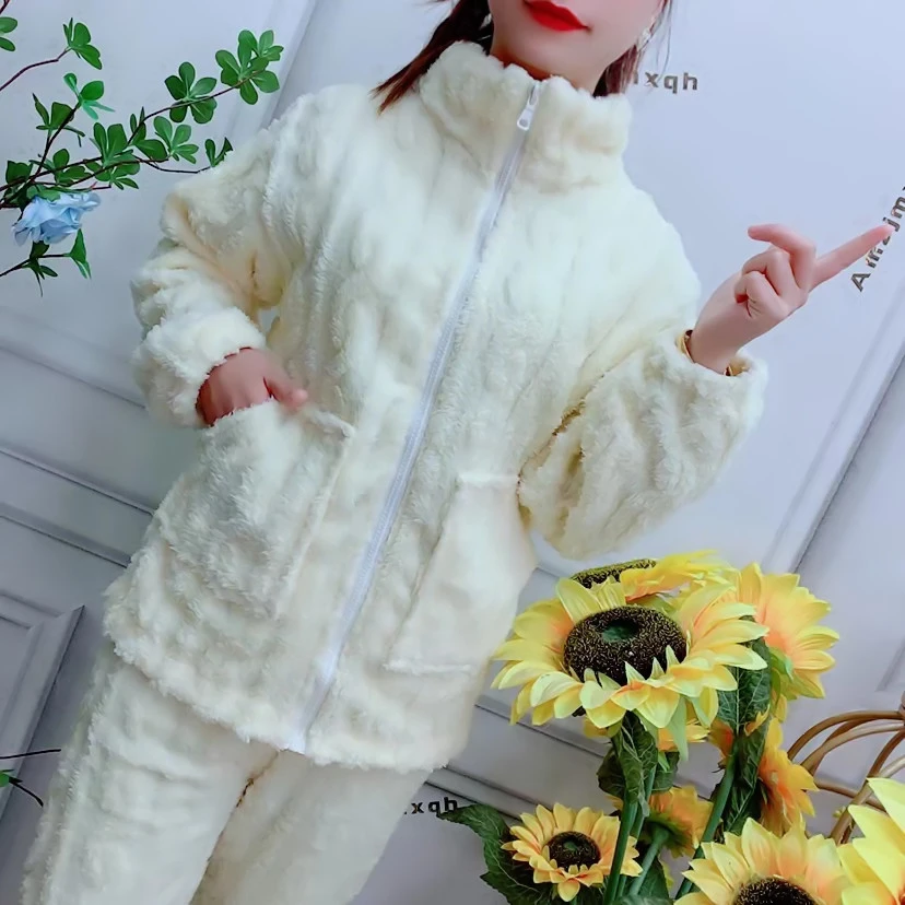 珊瑚绒睡衣女秋冬季提花绒女士拉链加绒加厚保暖外穿家居服套装女