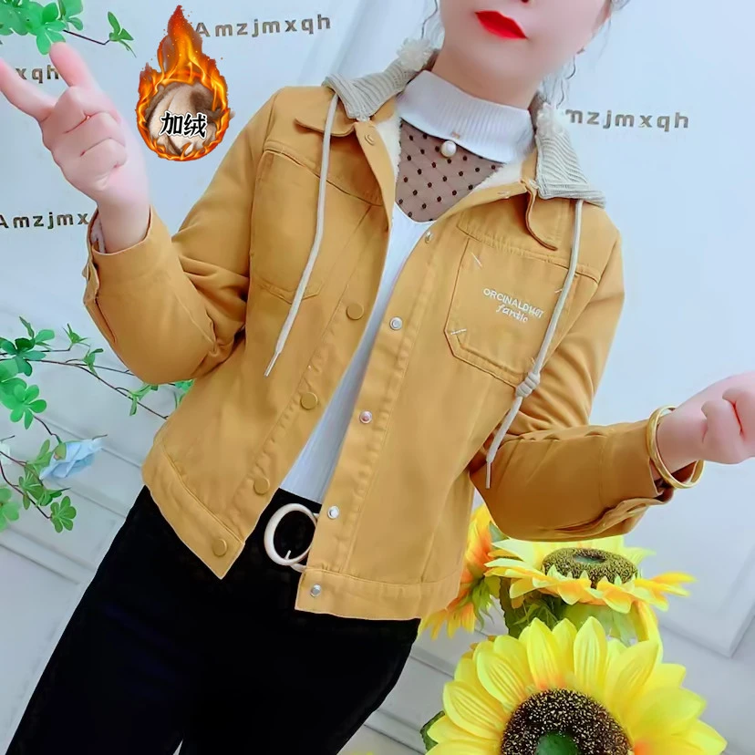 秋冬新款加绒牛仔短外套女韩版休闲连帽显瘦百搭夹克洋气时尚上衣