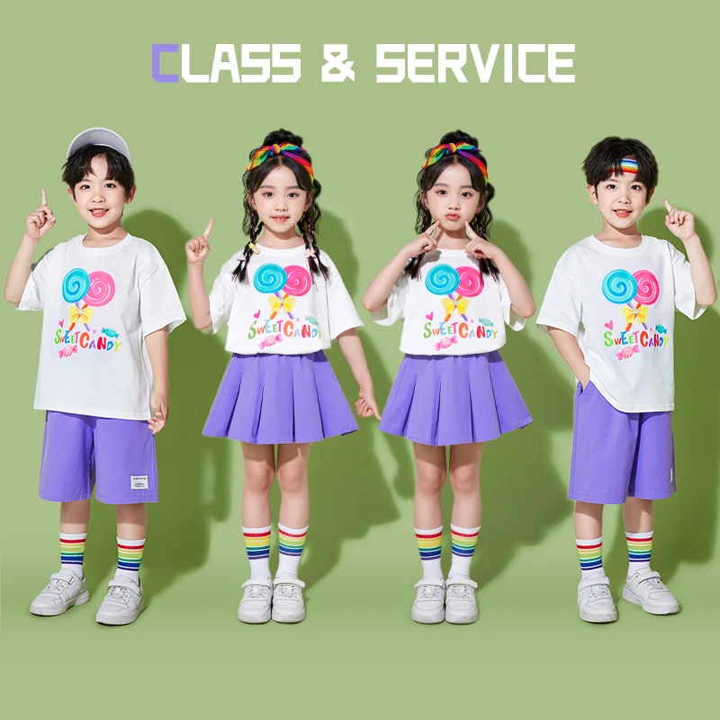 六一儿童啦啦队演出小学生彩色棒棒糖短袖毕业季幼儿园服表演服装