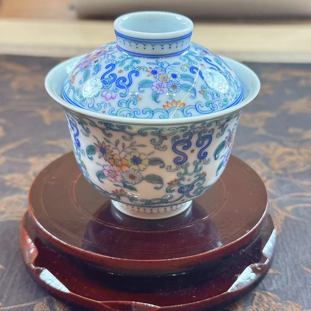 见山烧 斗彩四季花盖碗