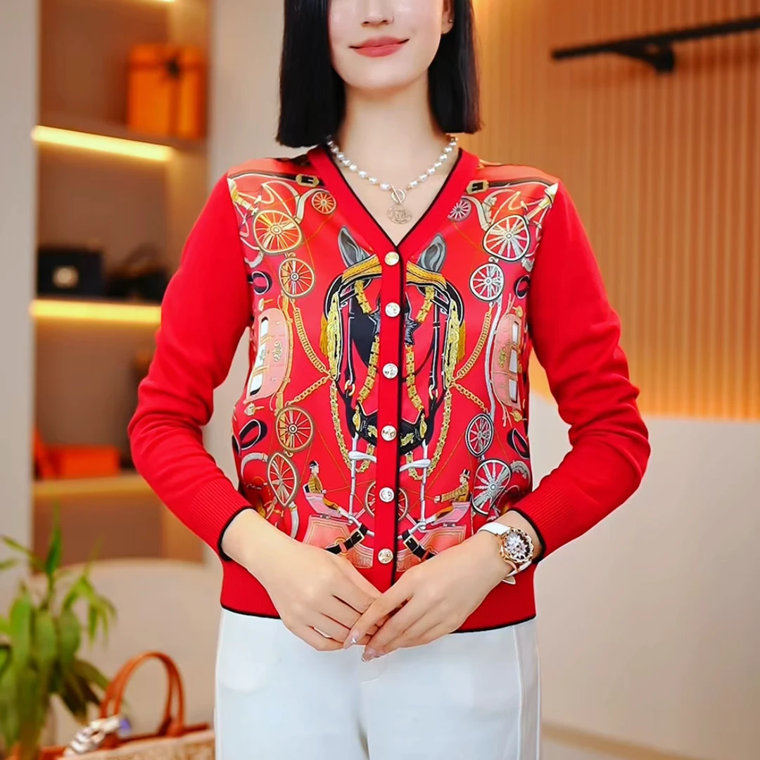 2025春季长袖休闲女士复古印花百搭洋气显瘦拼色外套-273红七店