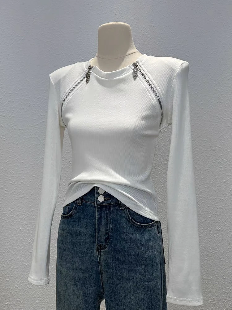 拼接拉链磨毛打底衫女高腰短款时尚洋气上衣