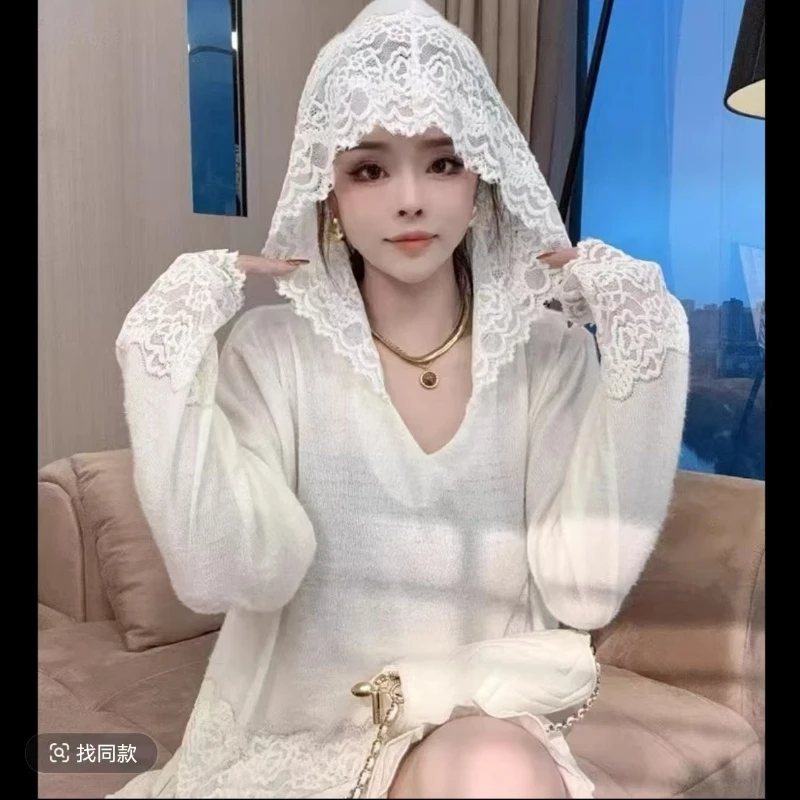 秋冬连帽蕾丝边针织衫重工钩花时尚宽松内搭外穿气质网红百搭镂空