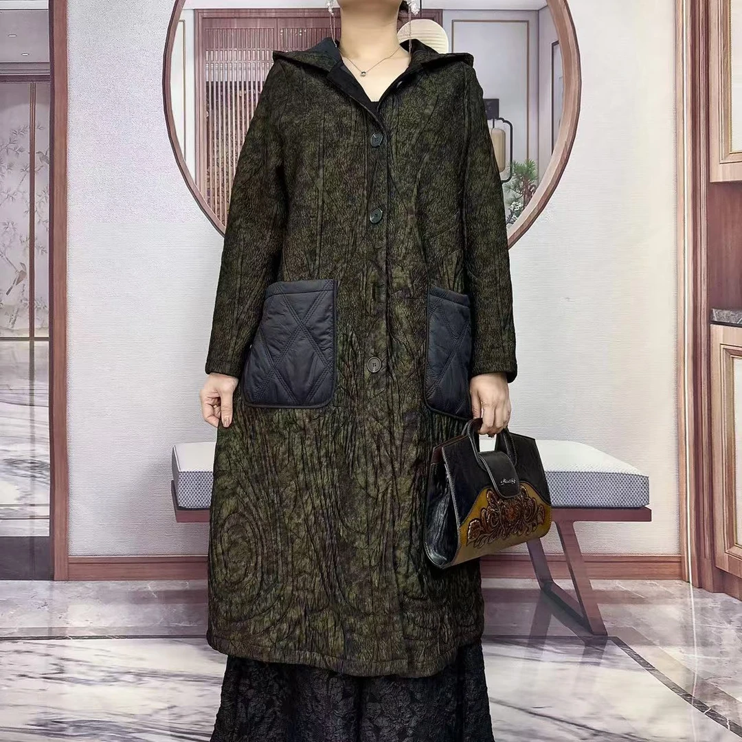 W27012宽松加绒连帽中长款风衣