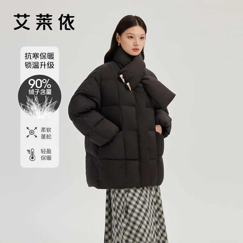 艾莱依时装羽绒服牛角扣围巾领女士百搭简约休闲保暖大衣外套3057