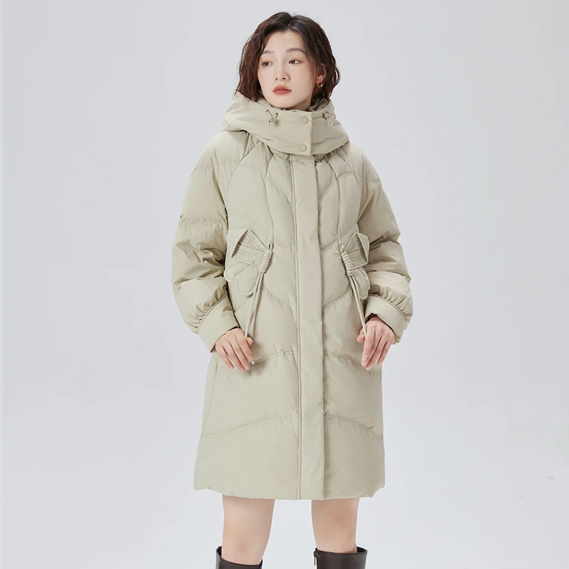 艾莱依时尚简约花苞袖中长款羽绒服女款冬季新款显瘦保暖外套1204