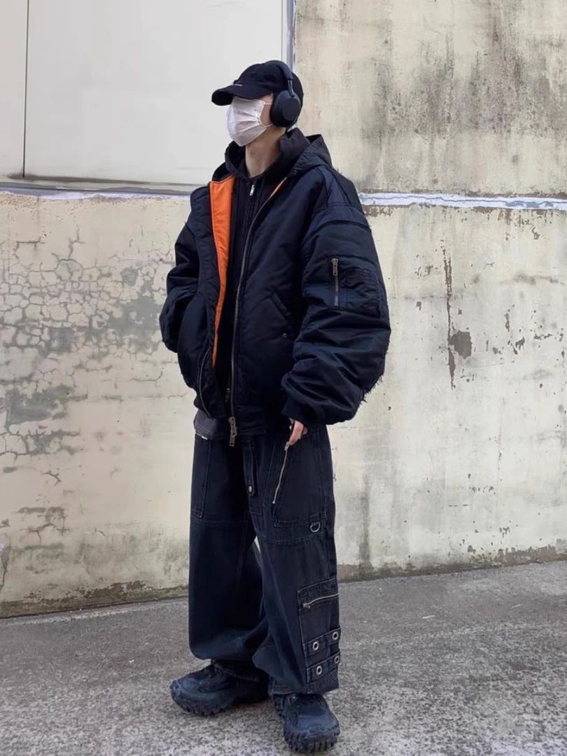 Loneliner 冬季潮流破坏流苏连帽飞行夹克宽松百搭加厚棉服外套男