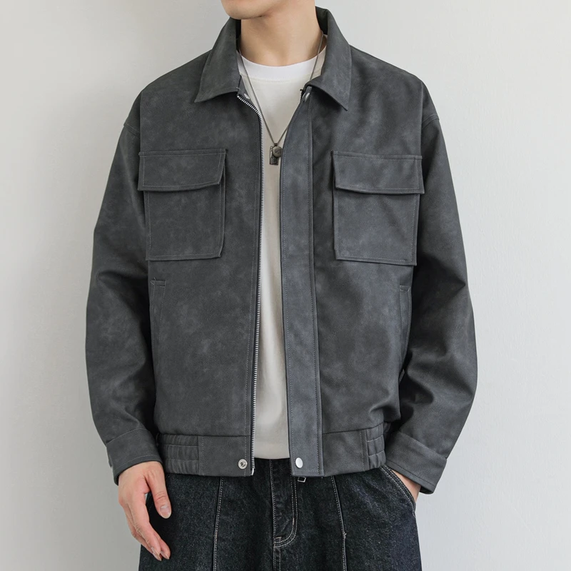 飞顺2024秋季男皮衣新款时尚休闲皮衣外套潮流港风翻领宽松皮茄克