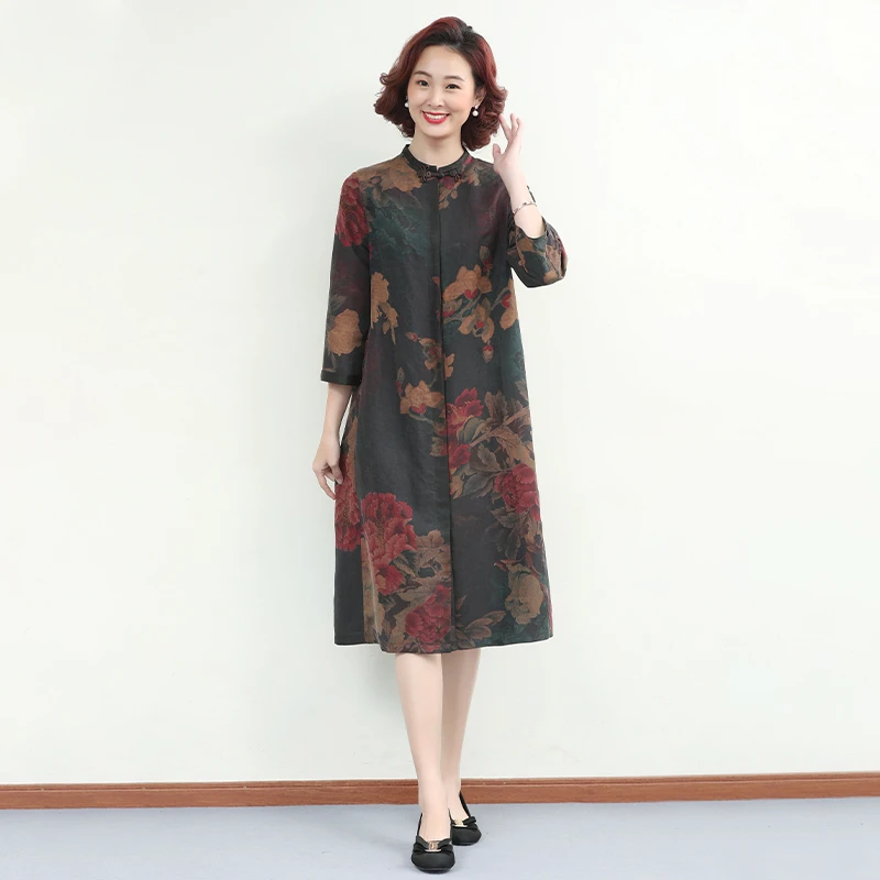 DF035-1高端香云纱真丝连衣裙新款女气质桑蚕丝宽松连衣裙风衣春