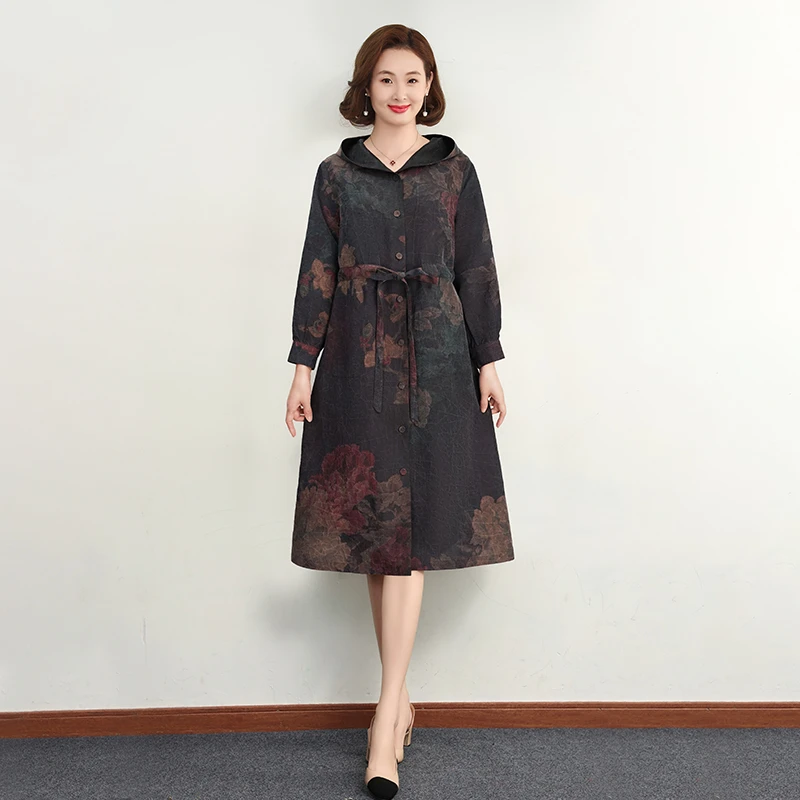 DF776-1春秋新款真丝香云纱风衣高端时尚洋气连帽两面穿大码显瘦