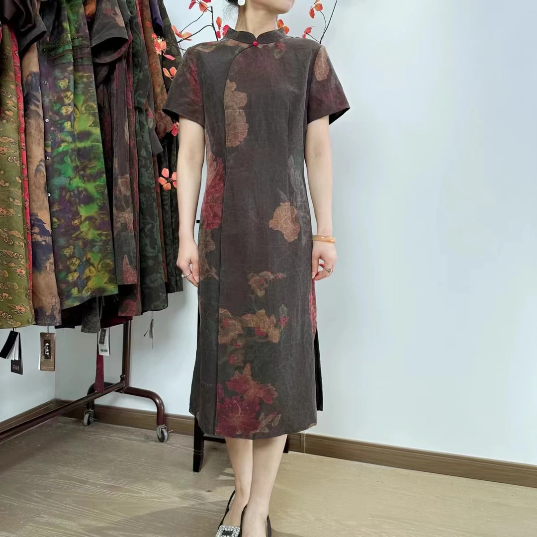 L23290时尚复古夏季国风印花中长款新中式旗袍经典龟裂纹香云纱