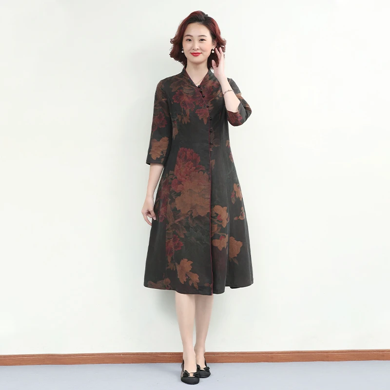 D2022L041龟裂纹真丝香云纱秋季连衣裙女秋妈妈秋装女装连衣裙