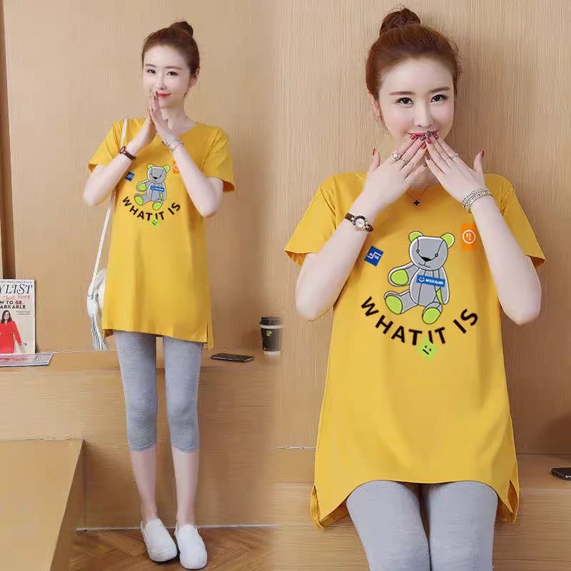 孕妇装套装夏款小个子时尚洋气上衣宽松纯棉短袖中长款T恤两件套