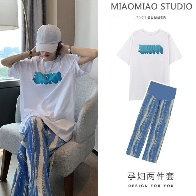 孕妇套装夏时尚宽松纯棉短袖水墨扎染洋气垂感孕妇冰丝阔腿裤薄款