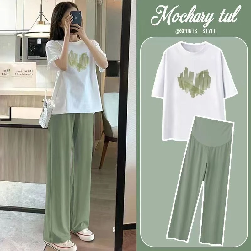 孕妇夏季套装新款潮妈洋气外穿纯棉短袖T恤宽松显瘦阔腿裤两件套