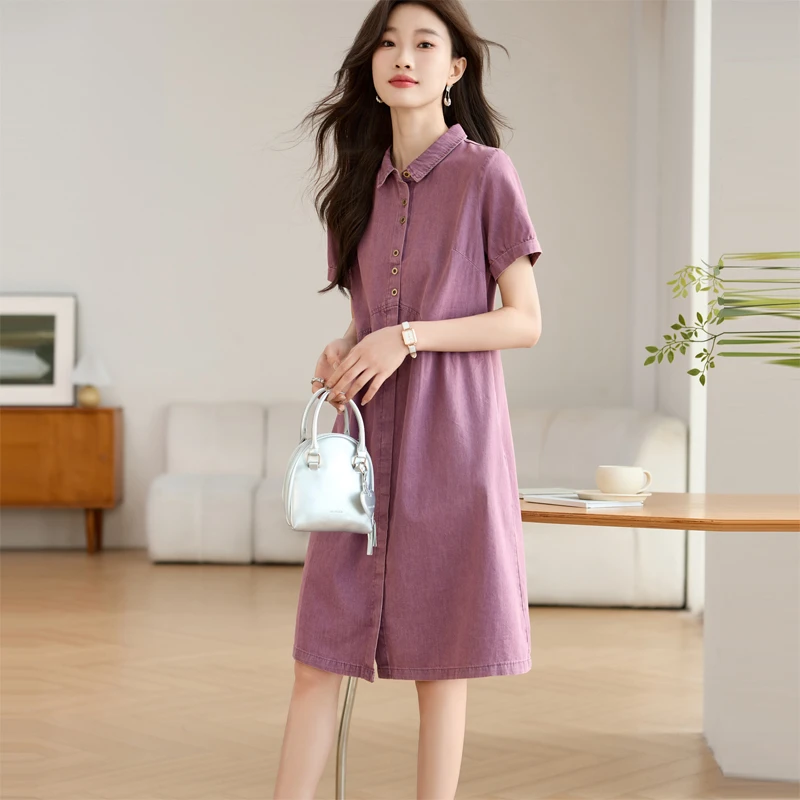 薄款牛仔连衣裙女2025夏季新款宽松遮肚大码妈妈减龄休闲衬衫裙子