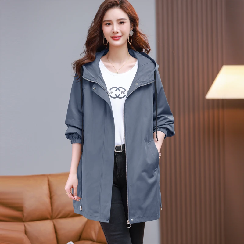 休闲连帽风衣女春秋2025新款妈妈减龄连帽中长款宽松大码薄款外套