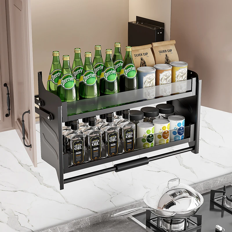 阻尼吊柜拉篮厨房橱柜双层收纳柜升降式置物架下拉式调味
