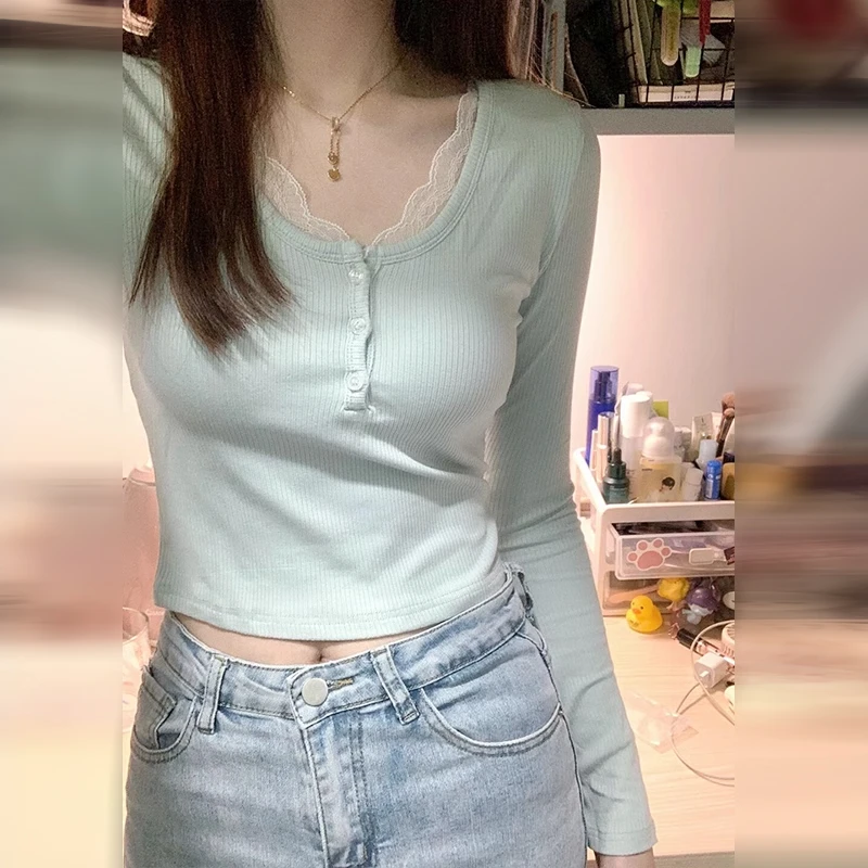 蕾丝螺纹长袖t恤女秋冬2025新款洋气打底衫内搭纯欲修身短款上衣