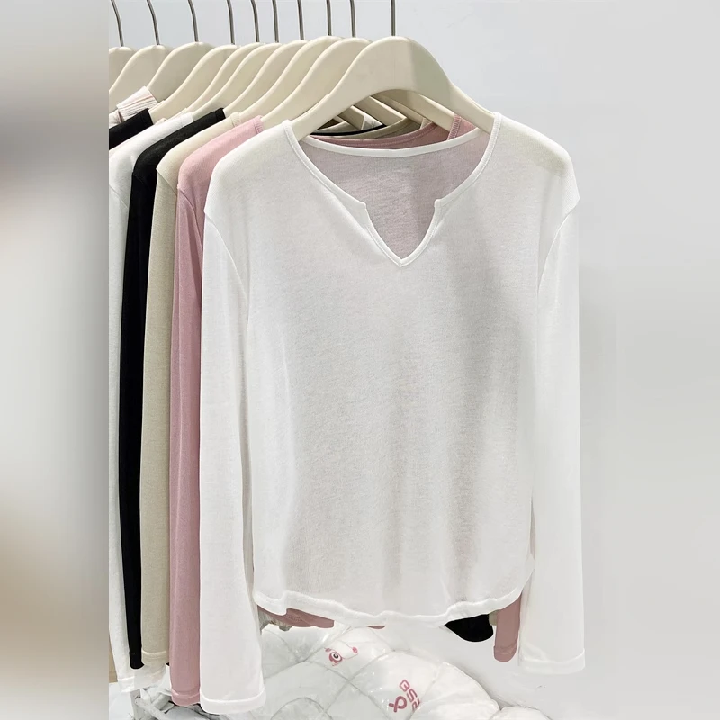防晒罩衫面膜长袖t恤女秋季2025新款纯欲微透V领薄款内搭白色上衣