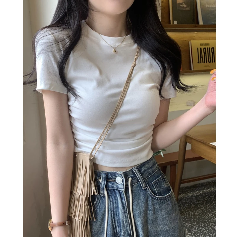 辣妹短款白色短袖t恤女夏季2024年新款显瘦圆领百搭褶皱正肩上衣