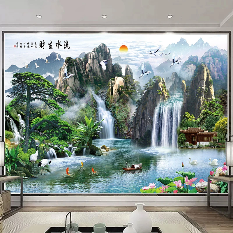 流水生财山水画自粘墙贴客厅卧室书房办公室家居装饰壁画墙面壁纸
