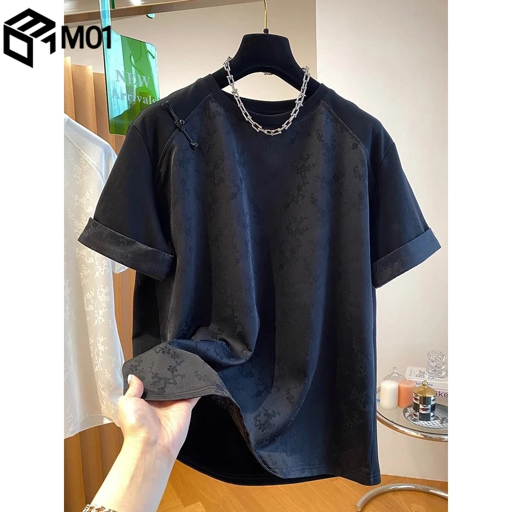 M01新中式轻国风盘扣设计感300斤t恤夏季缎面拼接男女国潮半袖t恤
