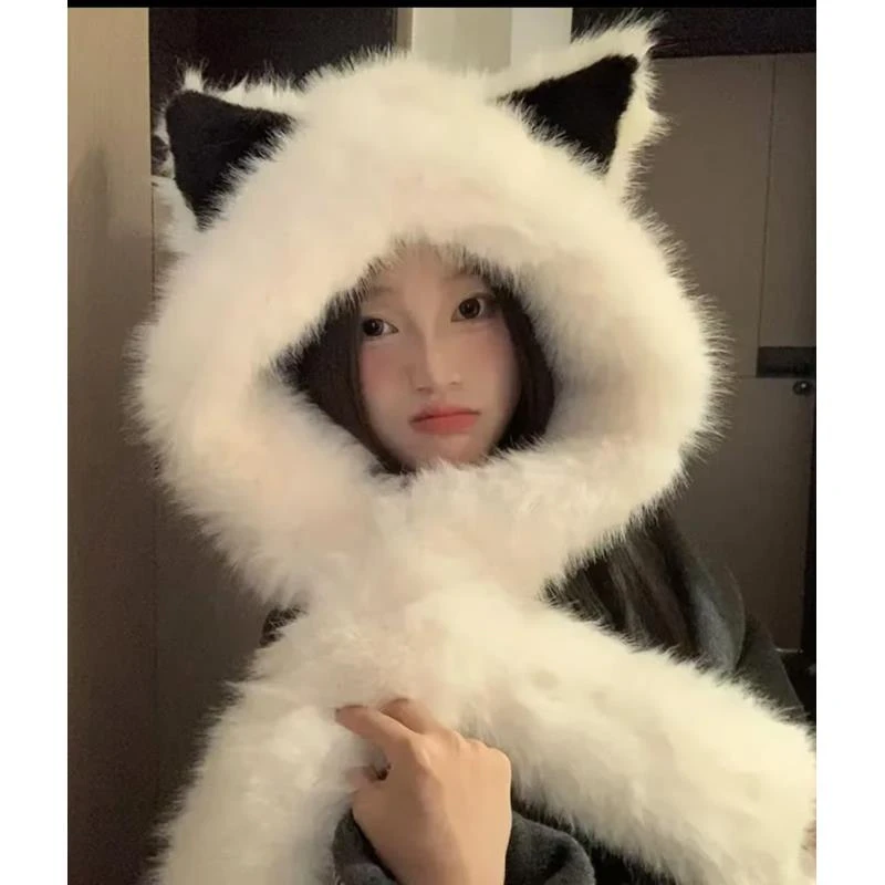 新款加厚毛绒狐狸耳朵帽子围脖一体防寒保暖帽