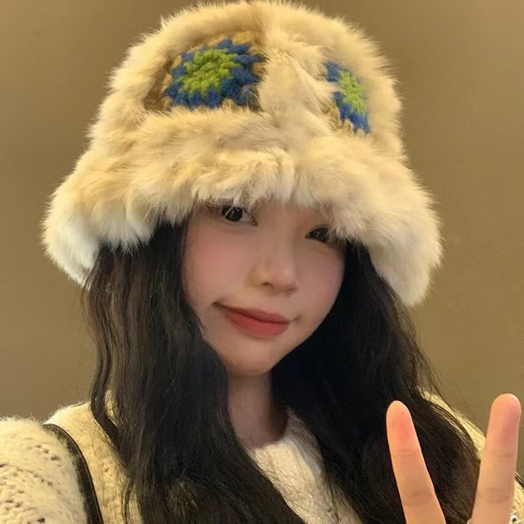 兔毛针织毛绒帽女秋冬季毛茸茸虎头醒狮渔夫帽可爱显脸小毛线帽子