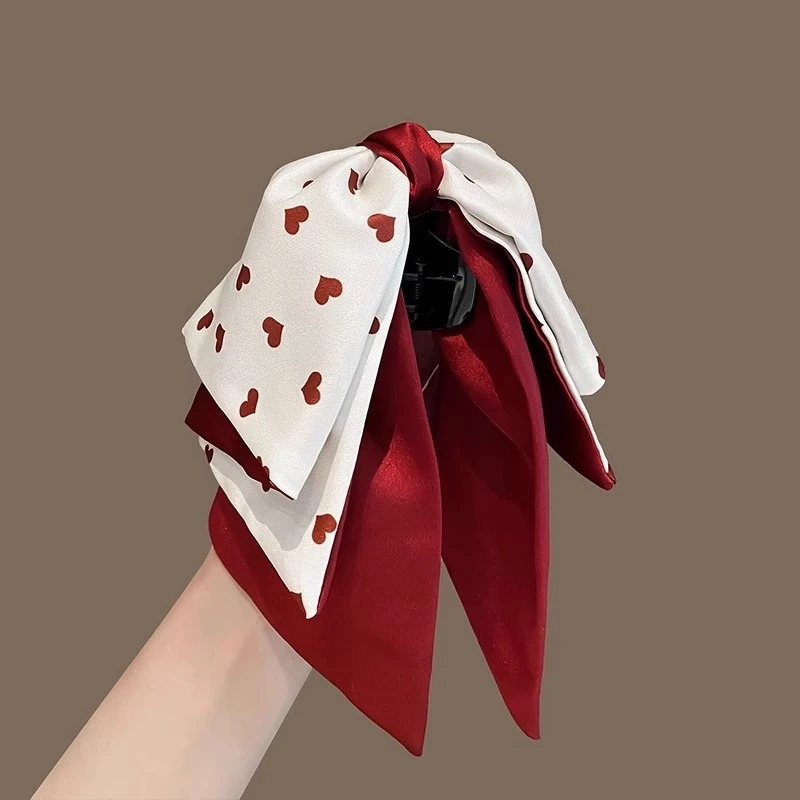 新中式红色抓夹女新款缎面蝴蝶结发夹优雅半扎发马尾后脑勺鲨鱼夹